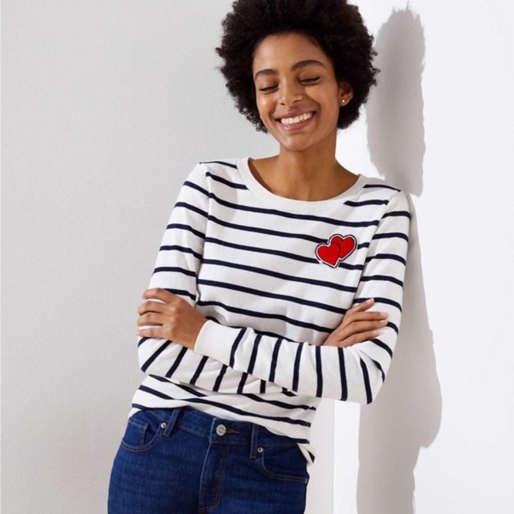 LOFT Striped Heart Patch Sweater - S